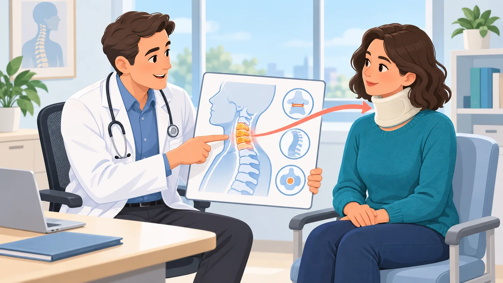 Médico explicando un informe a un paciente con collarín