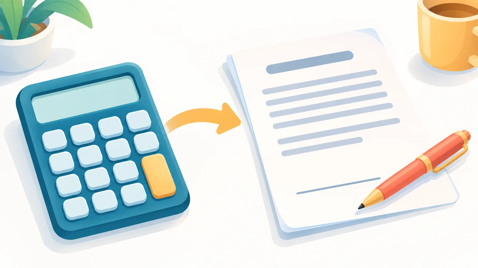 Calculadora, contrato y bolígrafo sobre una mesa