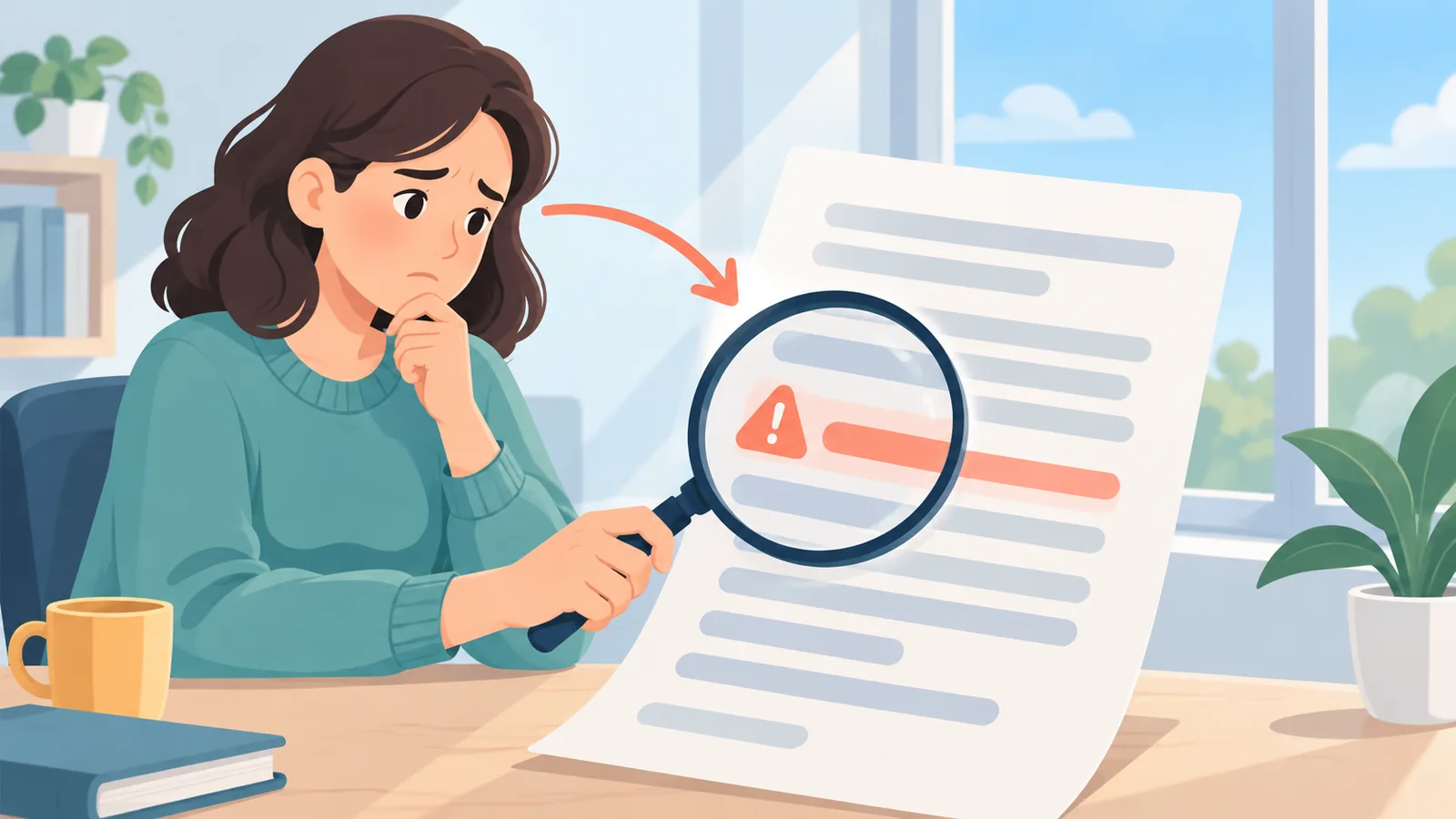 Persona leyendo un contrato con atención y gesto de duda