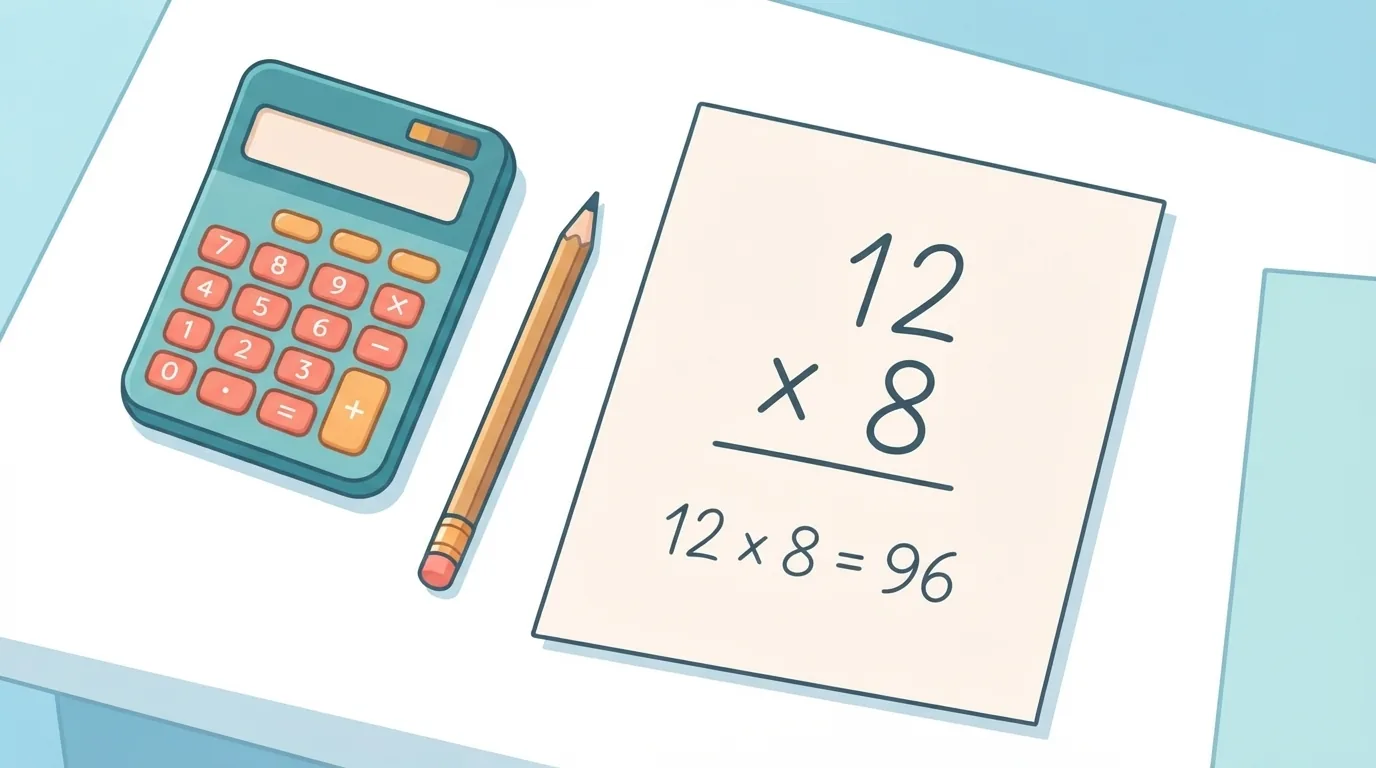 Calculadora, lápiz y hoja con una multiplicación sencilla sobre un escritorio blanco