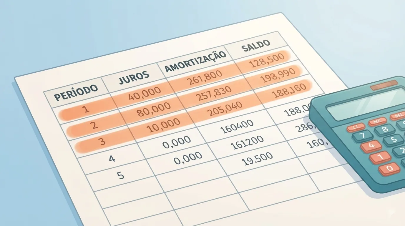 Cuadro de amortización impreso con las tres primeras filas resaltadas