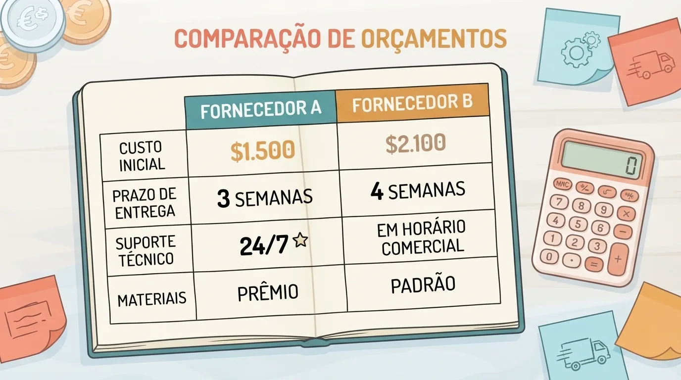 Cuaderno con una cuadrícula comparativa, calculadora y notas adhesivas