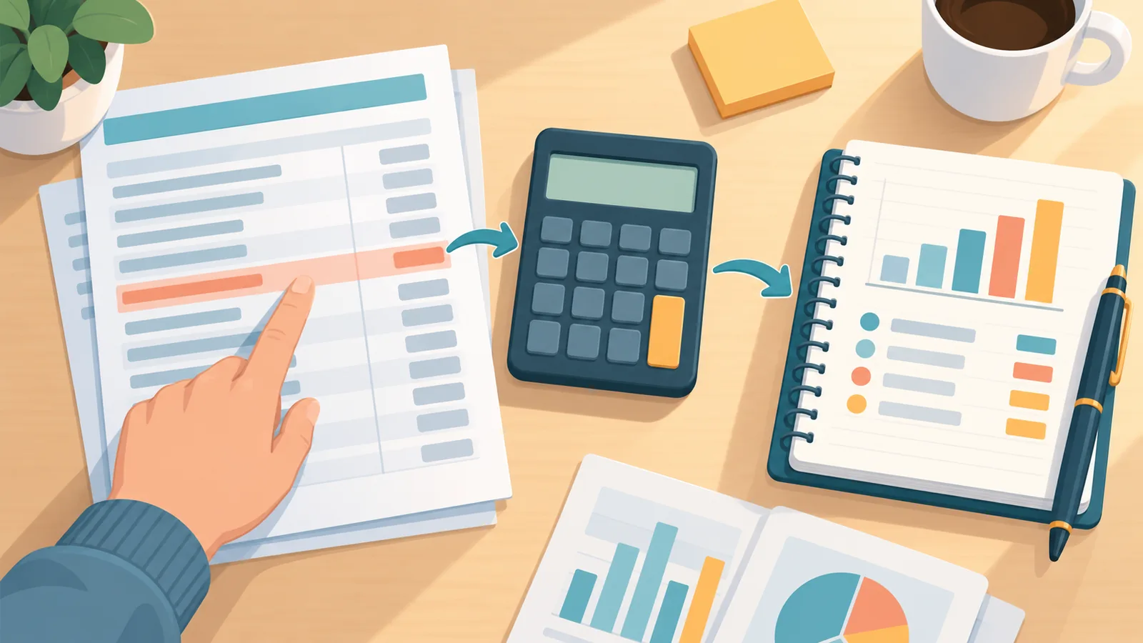 Documentos financieros y calculadora sobre una mesa con luz natural