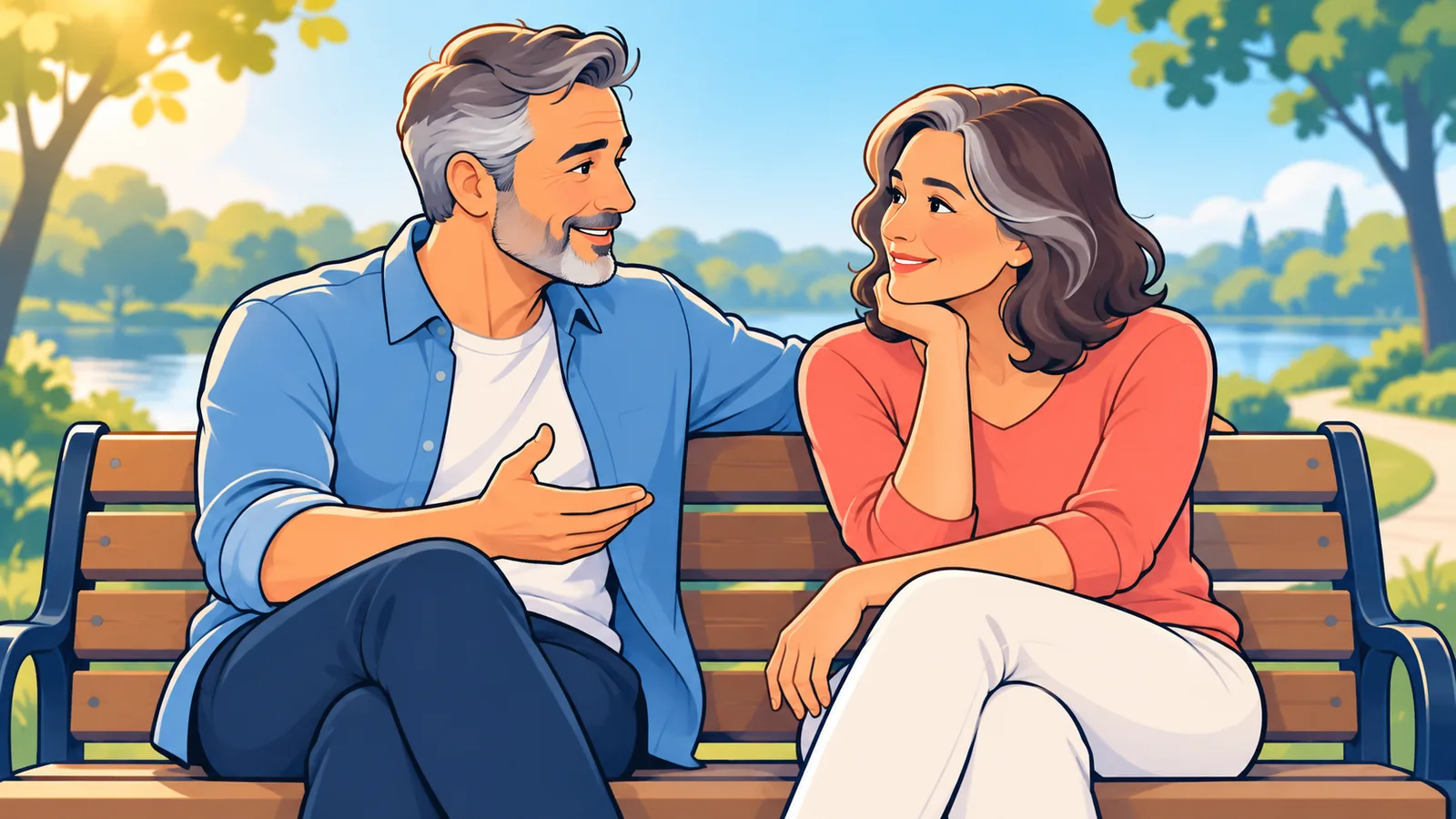 Pareja sentada en un banco de parque conversando con calma