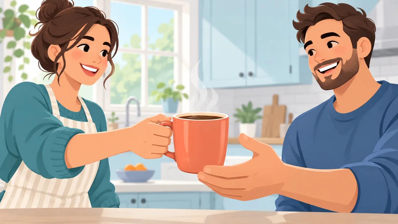Persona entregando un café a su pareja en la cocina