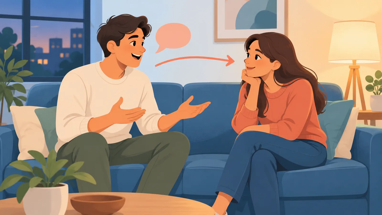 Pareja hablando con sinceridad en el sofá