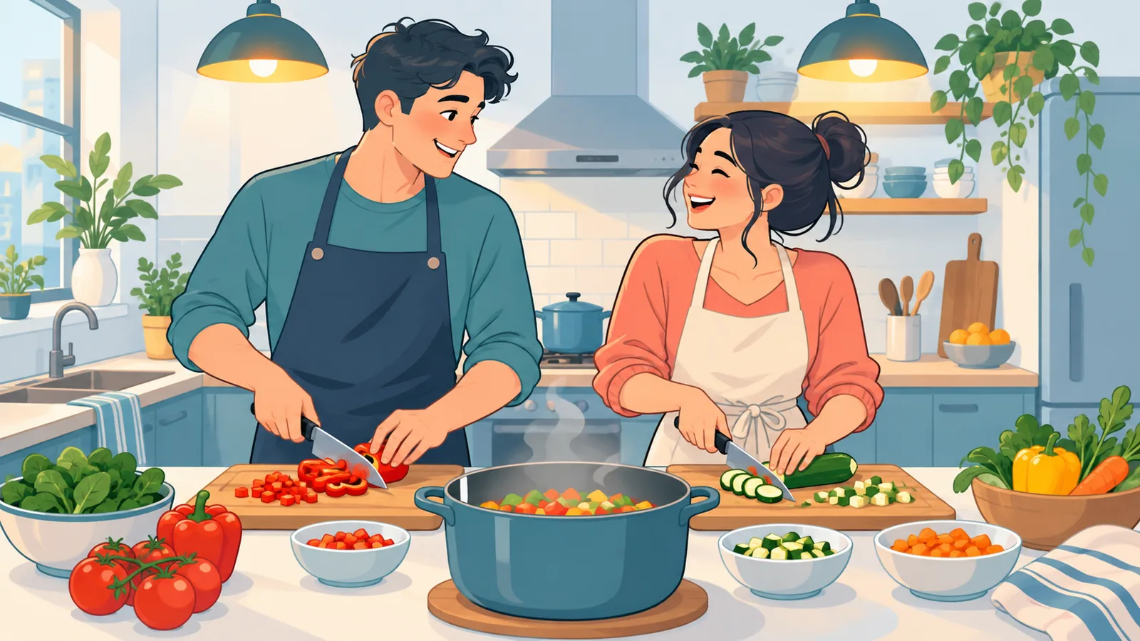 Pareja cocinando juntos y riendo