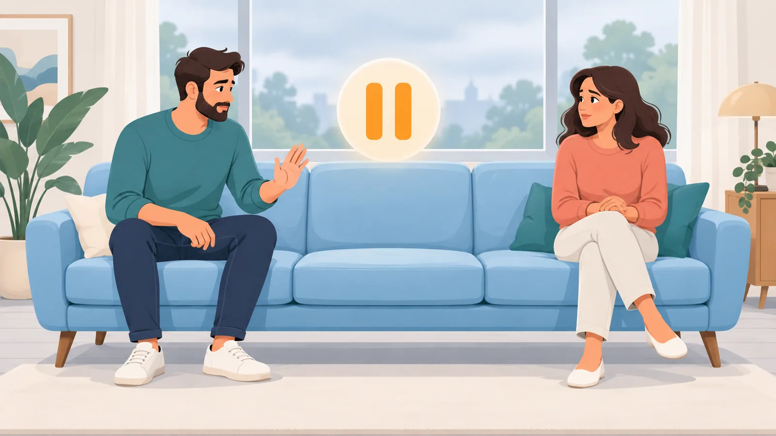 Pareja haciendo una pausa tranquila durante un desacuerdo