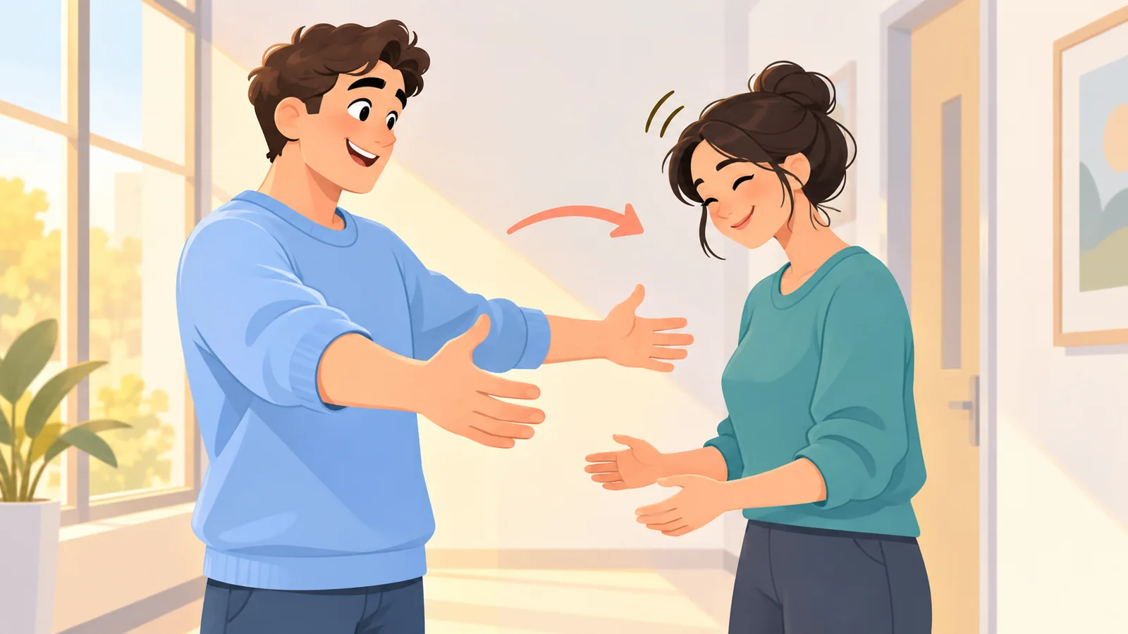 Pareja que se pregunta con una sonrisa antes de abrazarse