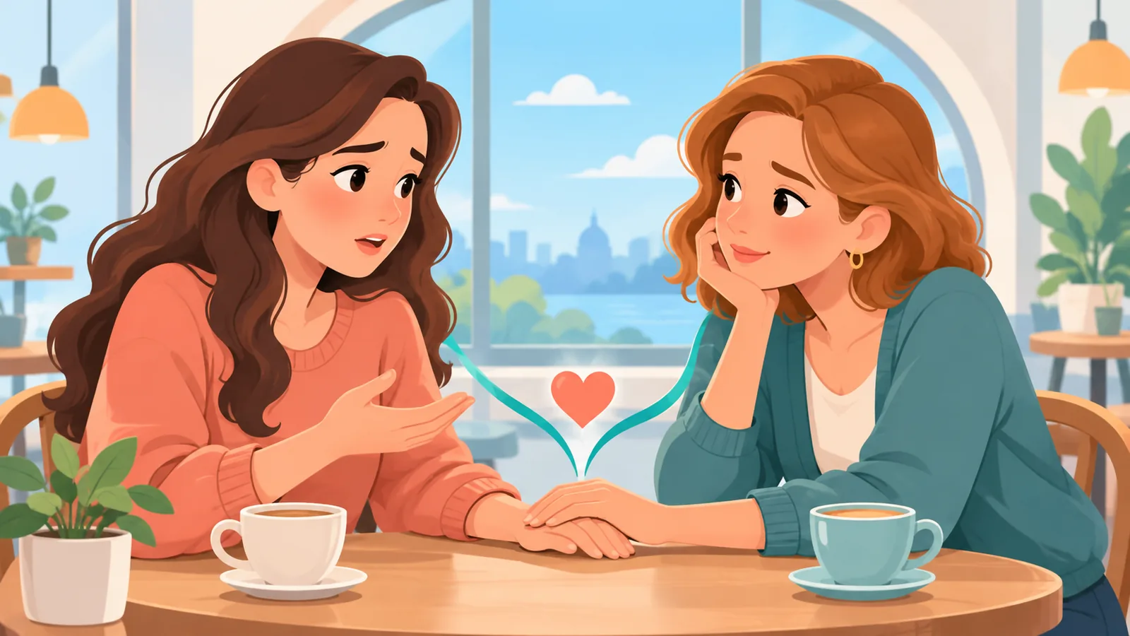 Mujer hablando con una amiga de confianza en una cafetería