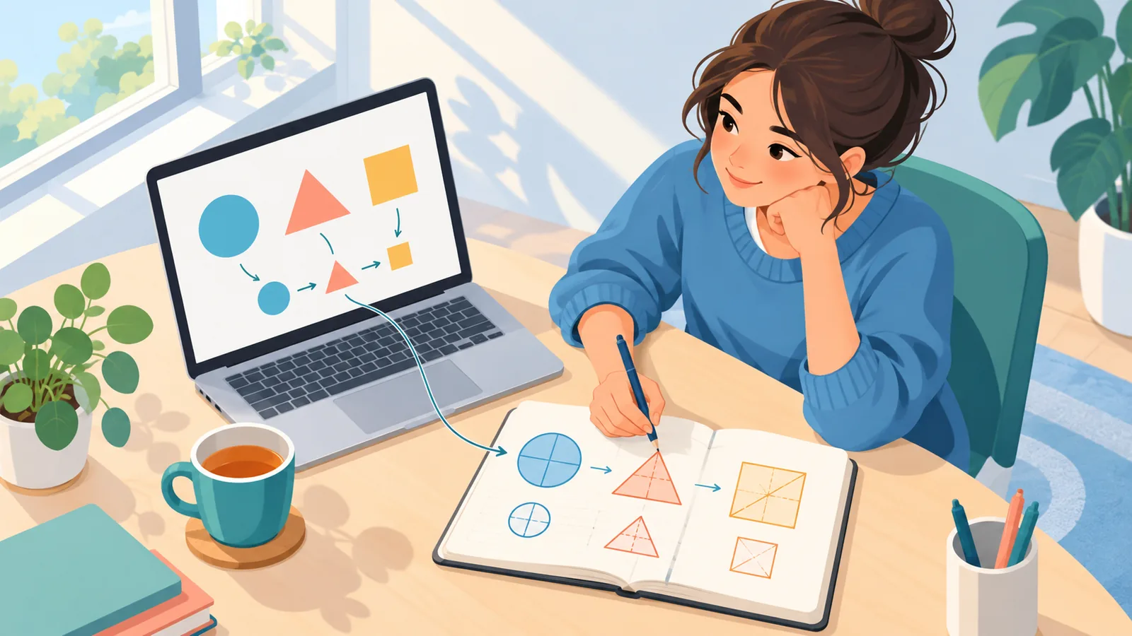 Persona tomando notas en un cuaderno con una taza de té
