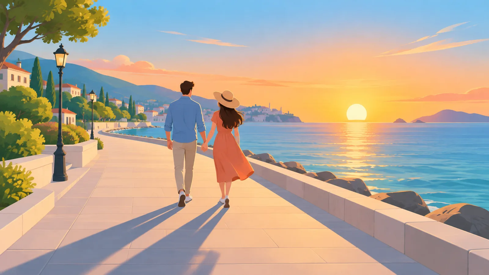 Pareja paseando de la mano al atardecer