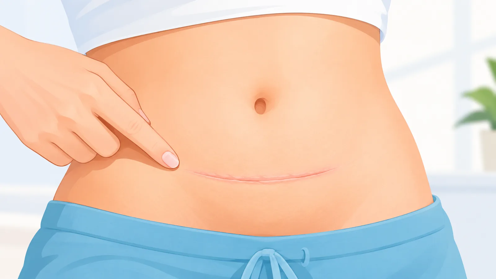 Cicatriz quirúrgica lineal reciente en el abdomen, de color rosado, ya cerrada
