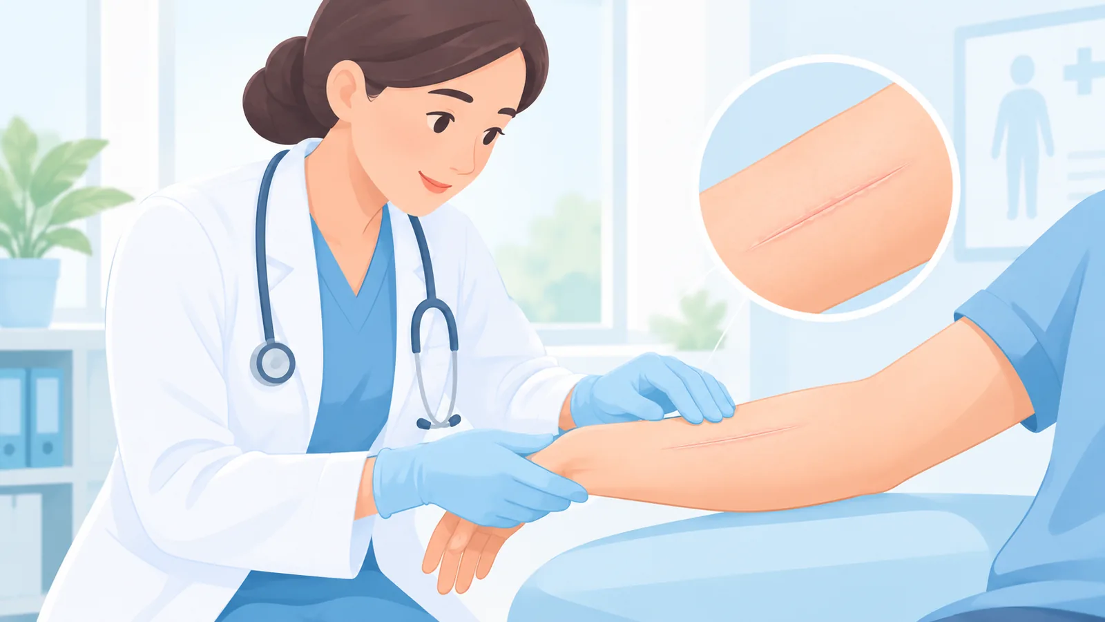 Médico revisando una herida quirúrgica cerrada en consulta