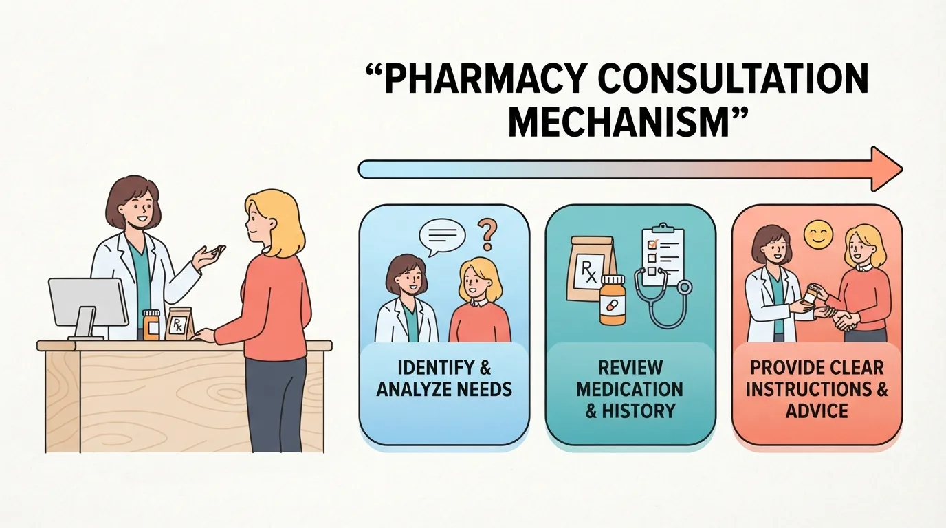 Mujer consultando dudas con su farmacéutico en el mostrador