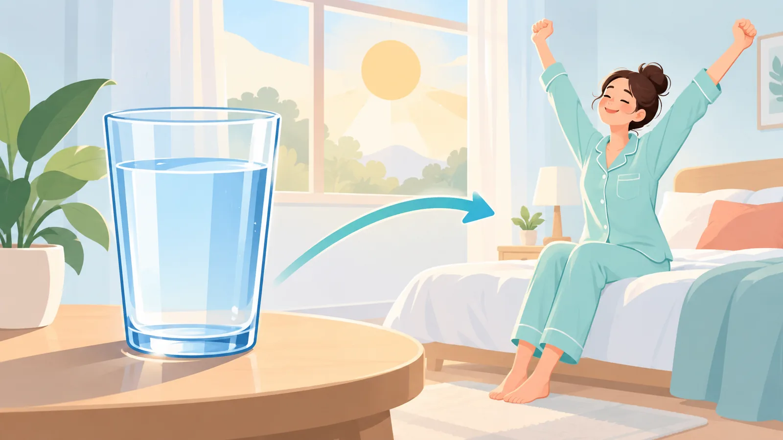 Vaso de agua y estiramientos suaves al despertar