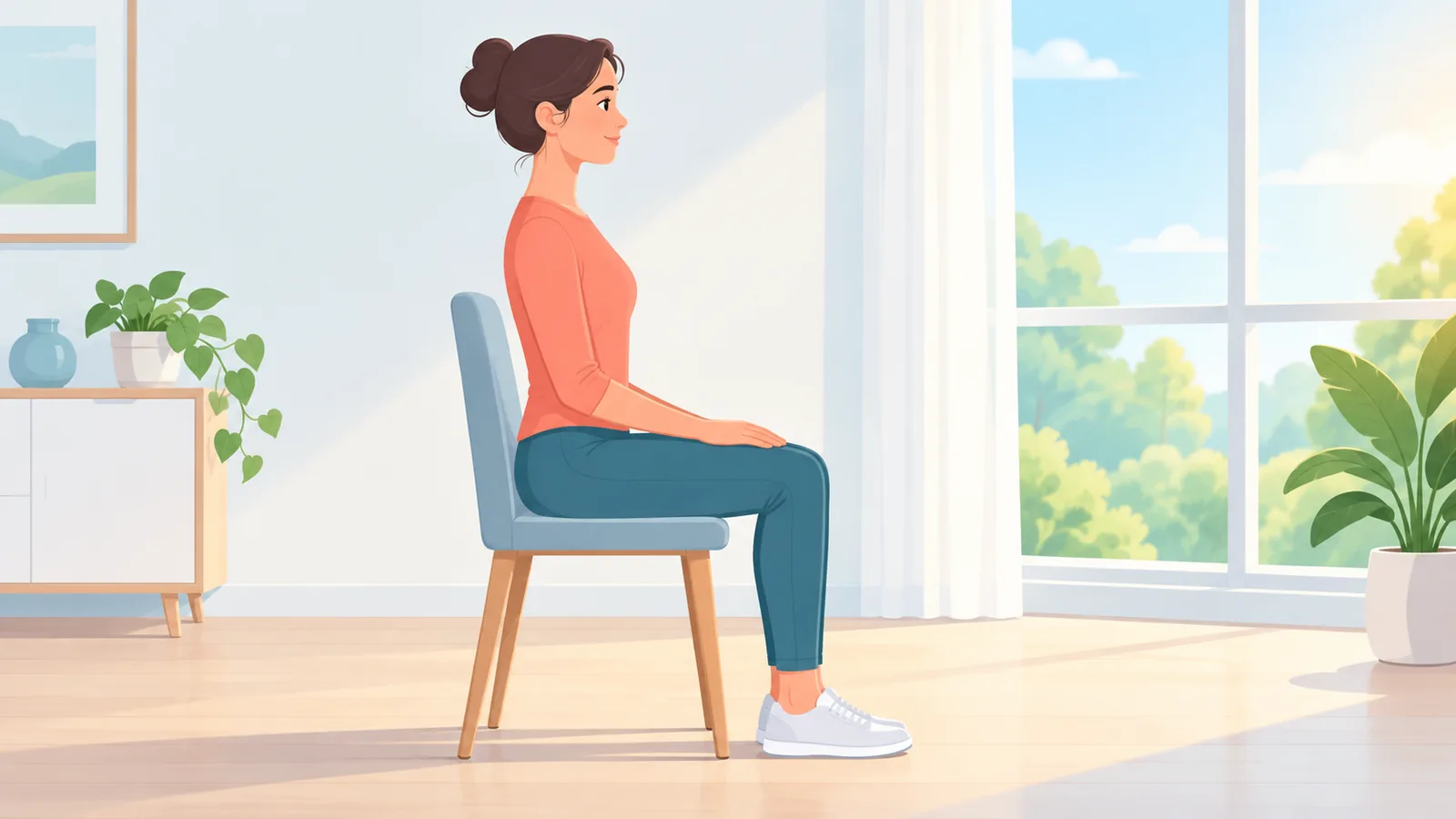 Persona sentada con la espalda erguida y relajada