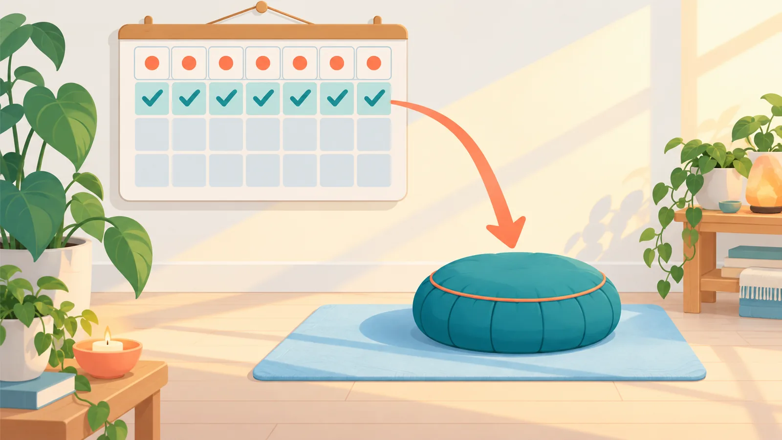 Calendario semanal con marcas junto a un cojín de meditación