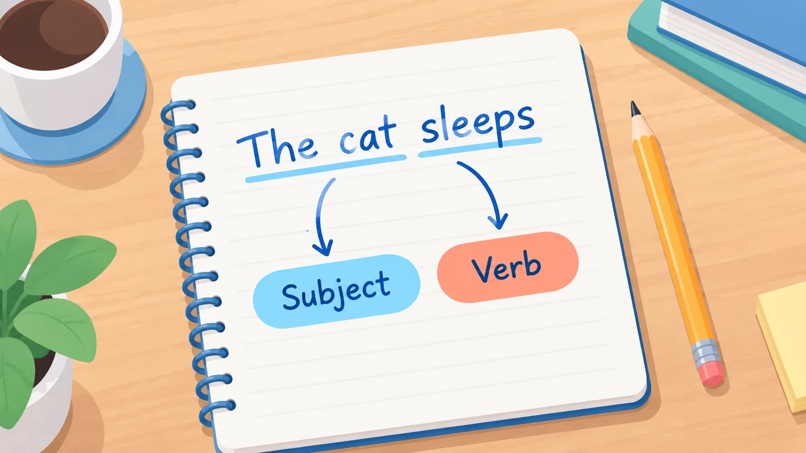 Cuaderno con un titular corto y un esquema de sujeto y verbo