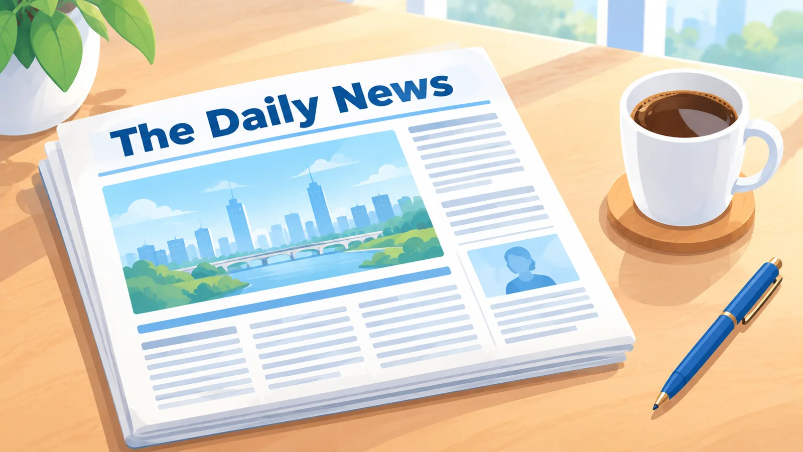 Periódico recién impreso sobre una mesa junto a una taza de café