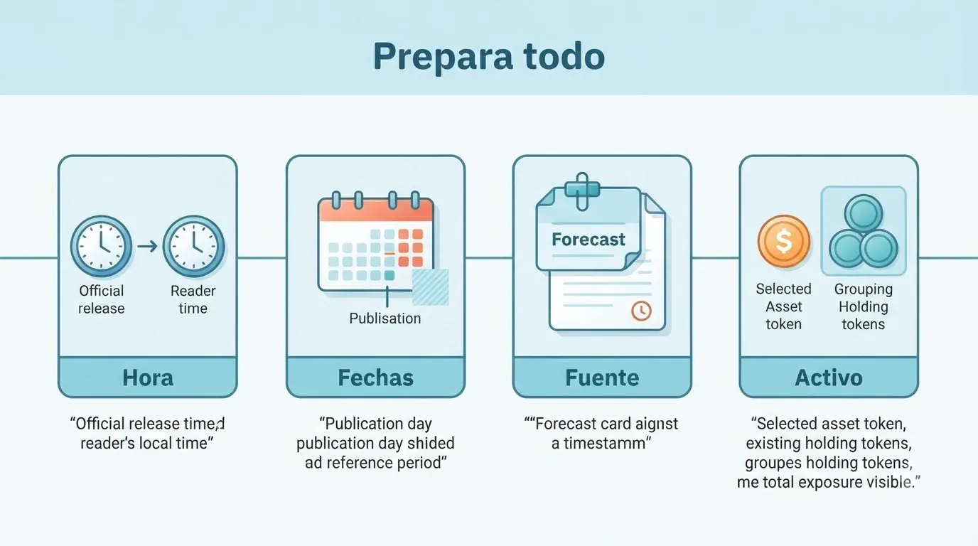 Cuatro módulos reúnen horarios, periodo de referencia, fuente de la previsión y posiciones de la cartera.