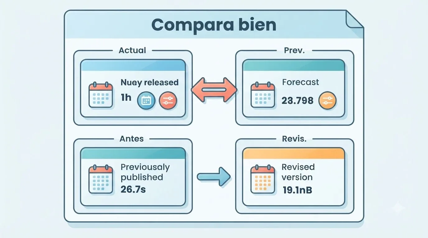 El dato actual y la previsión se comparan arriba; el dato anterior y su revisión se distinguen abajo.