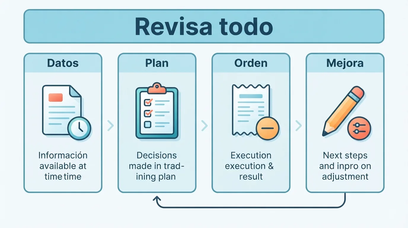 Una hoja separa datos, plan, ejecución y mejoras, con una flecha que devuelve lo aprendido a la siguiente prep