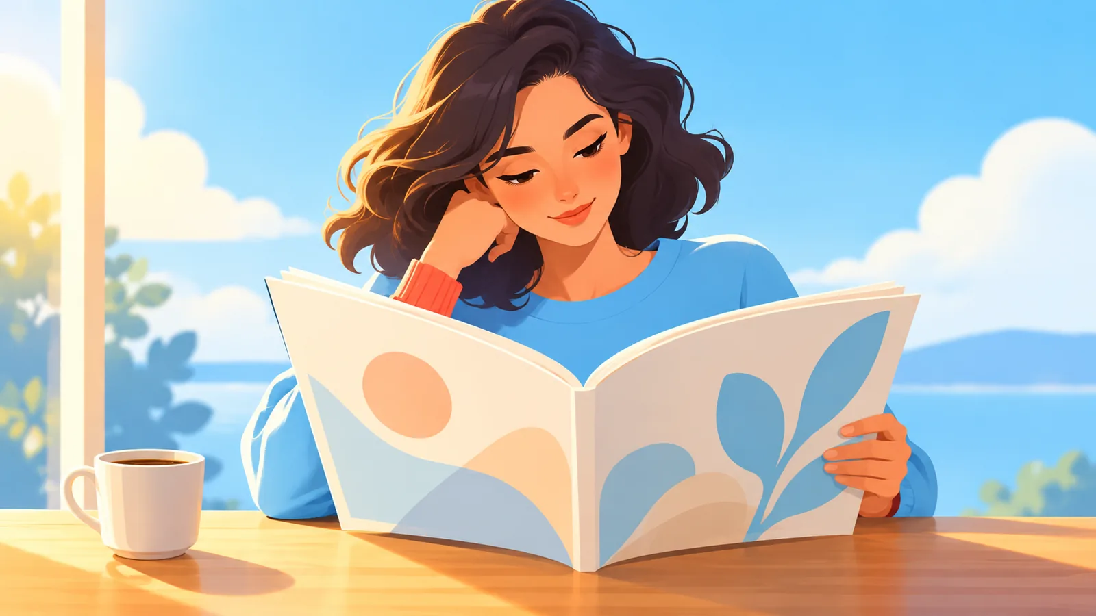 Persona leyendo una revista literaria junto a una taza de café