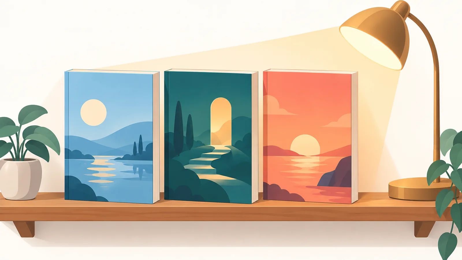 Tres libros de cuentos de bolsillo alineados en una estantería