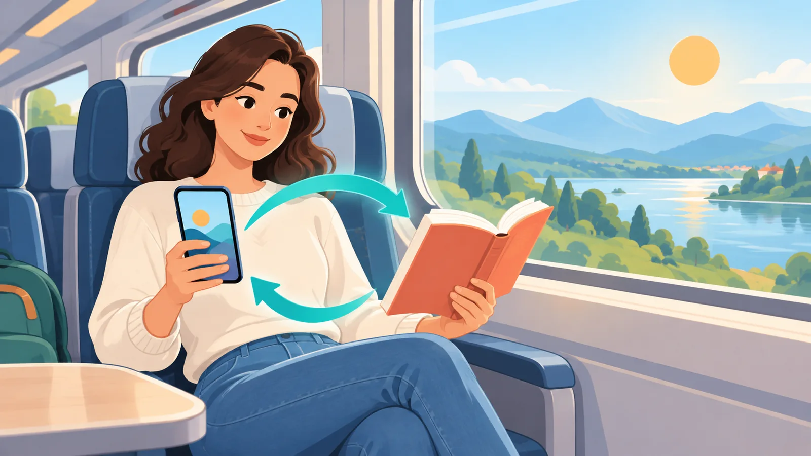 Lector en un tren con un móvil y un libro de bolsillo