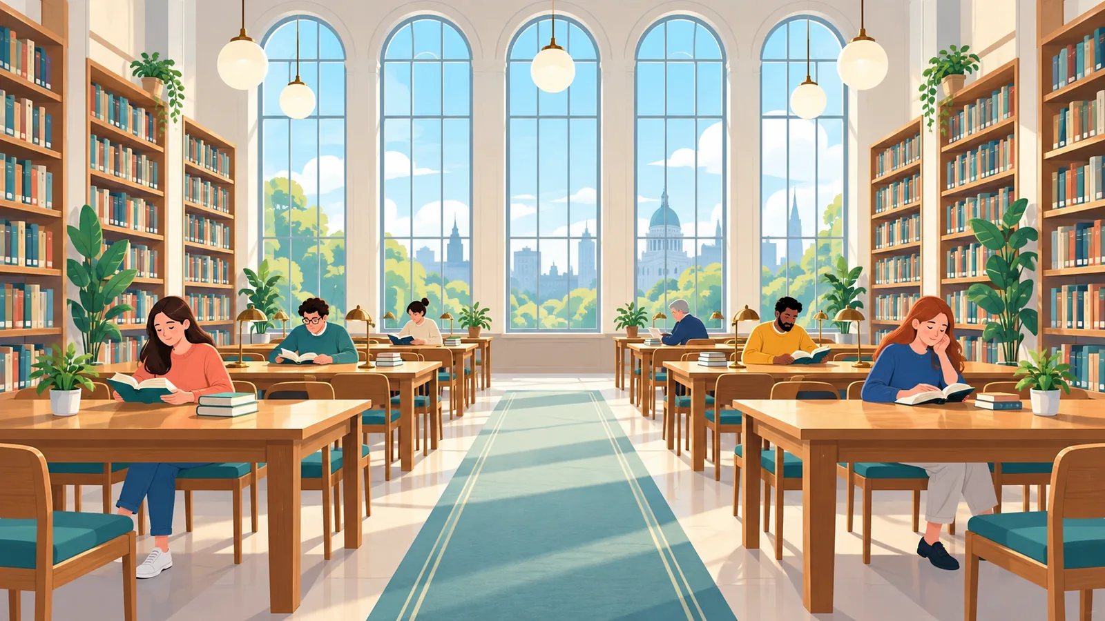 Sala de lectura tranquila de una biblioteca pública con mesas largas de madera