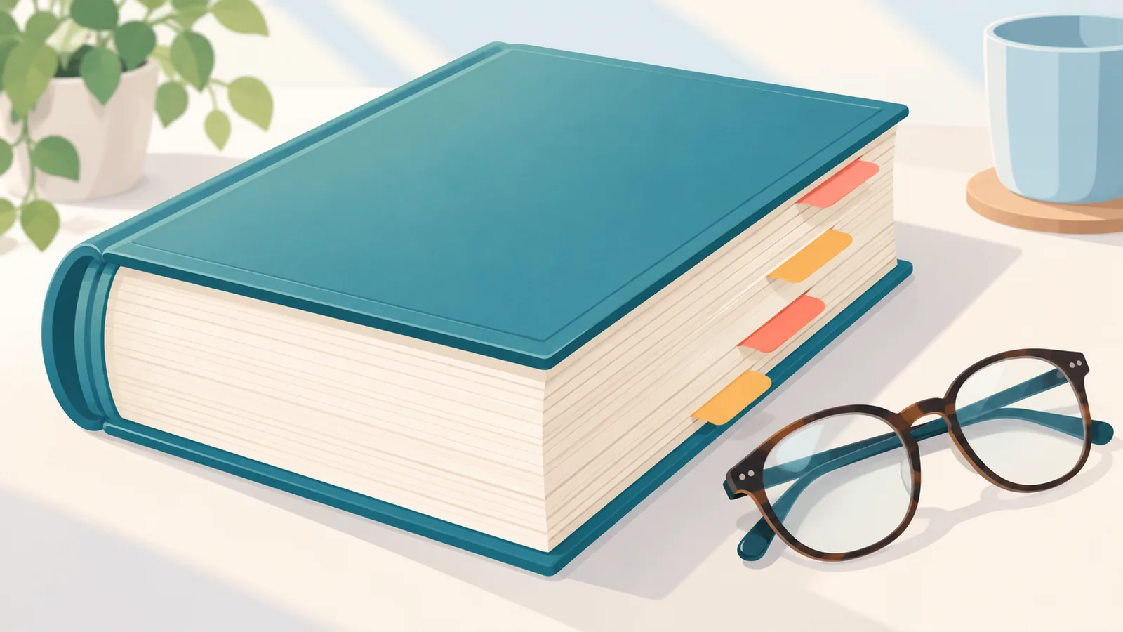 Antología gruesa de tapa dura junto a unas gafas de lectura