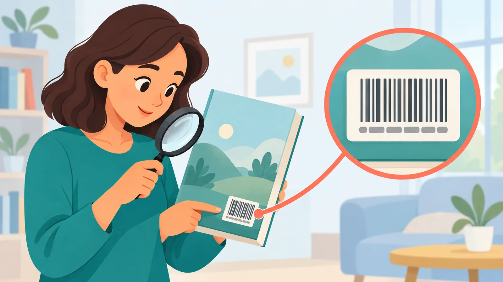 Persona comprobando el código de barras y el ISBN en la contraportada de un libro