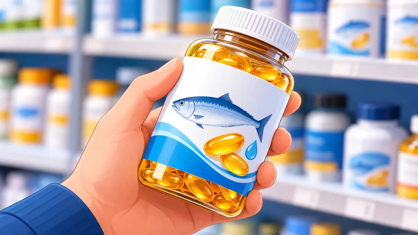 Persona leyendo la etiqueta de un bote de cápsulas de omega 3 en un supermercado