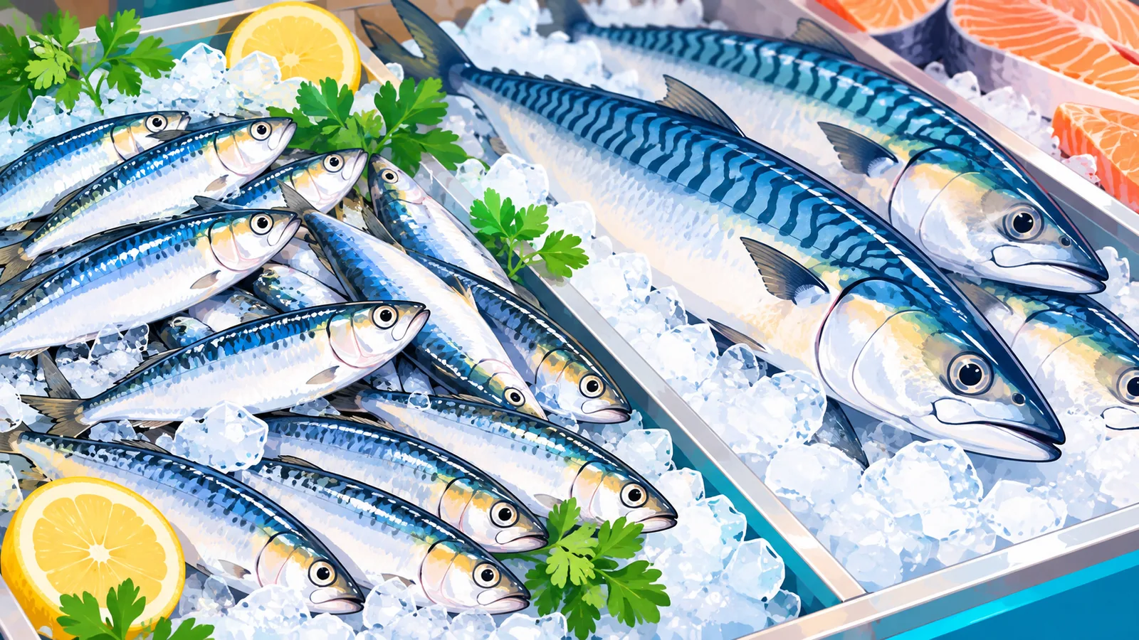 Sardinas y caballa frescas sobre hielo en un puesto de mercado