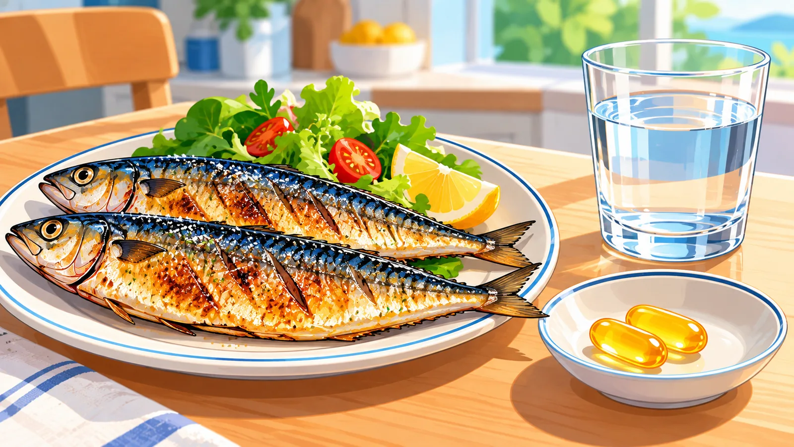 Plato de pescado azul a la plancha junto a dos cápsulas de omega 3