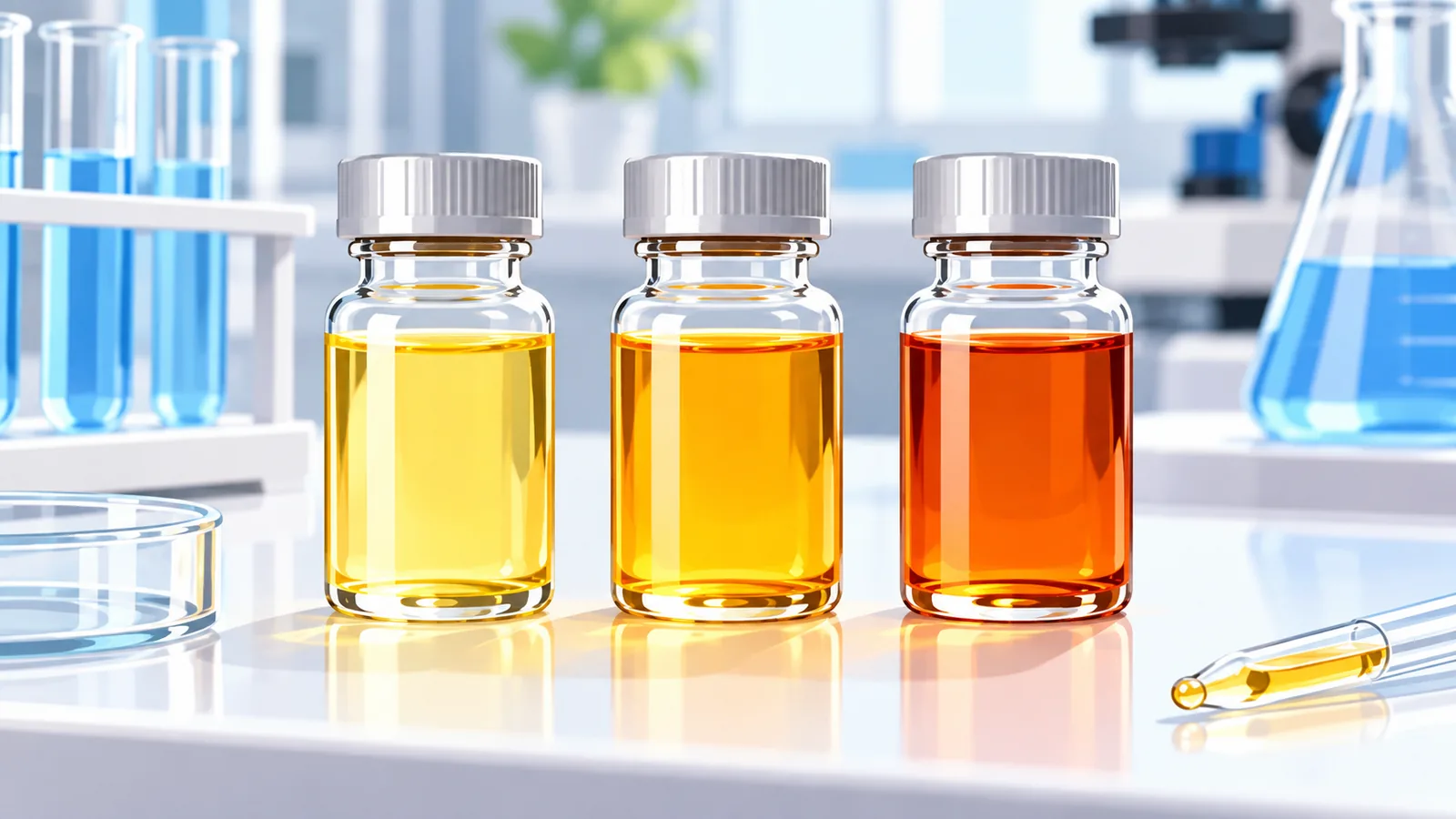 Tres viales de aceite dorado alineados sobre una mesa de laboratorio