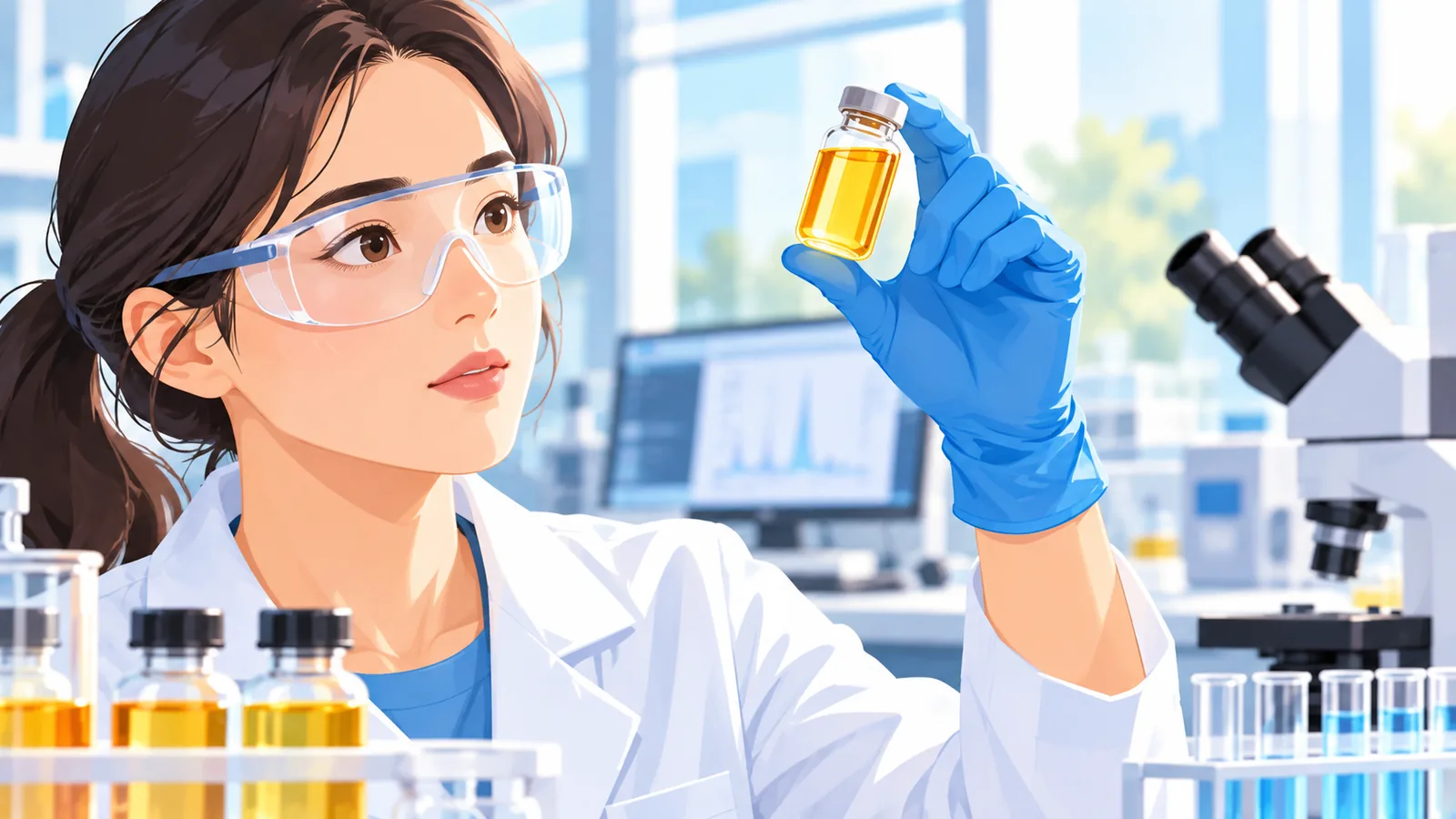 Técnico de laboratorio analizando una muestra de aceite de pescado