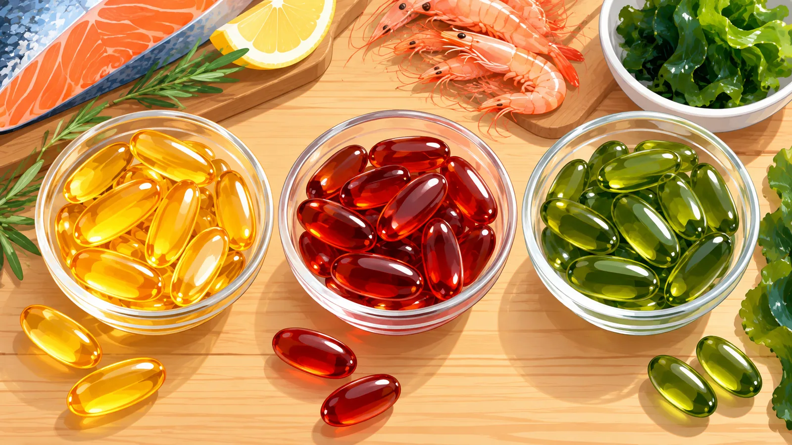 Cápsulas de aceite de pescado, krill y algas en tres cuencos