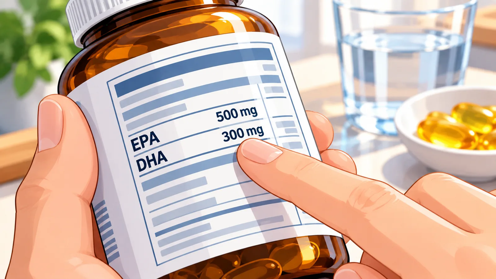 Dedo señalando las líneas de EPA y DHA en la etiqueta de un suplemento