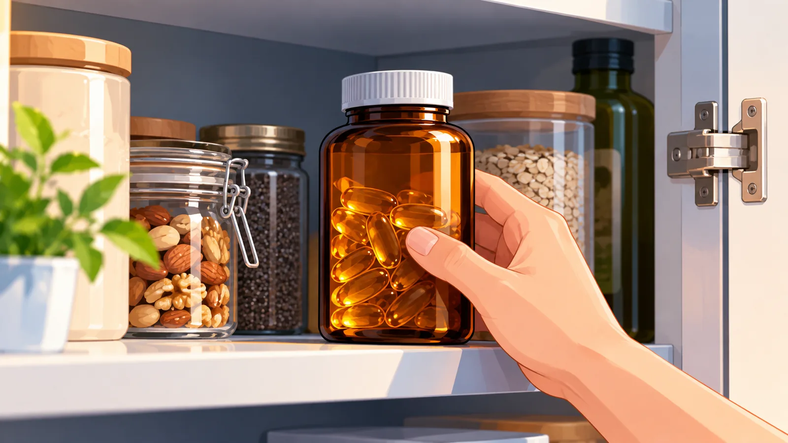 Frasco de cristal ámbar con aceite de omega 3 guardado en un armario