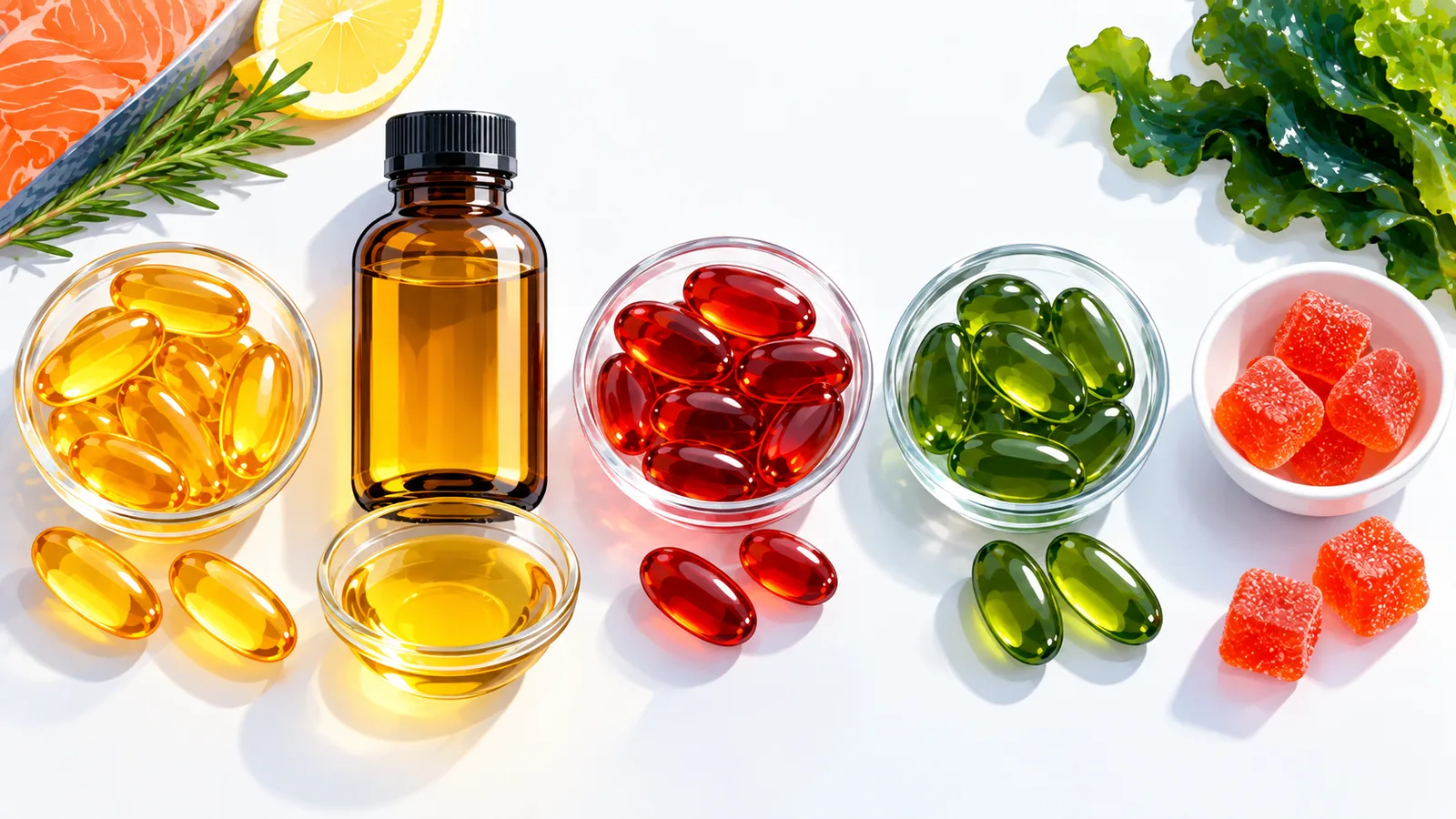 Cinco formatos de suplemento de omega 3 sobre una superficie blanca