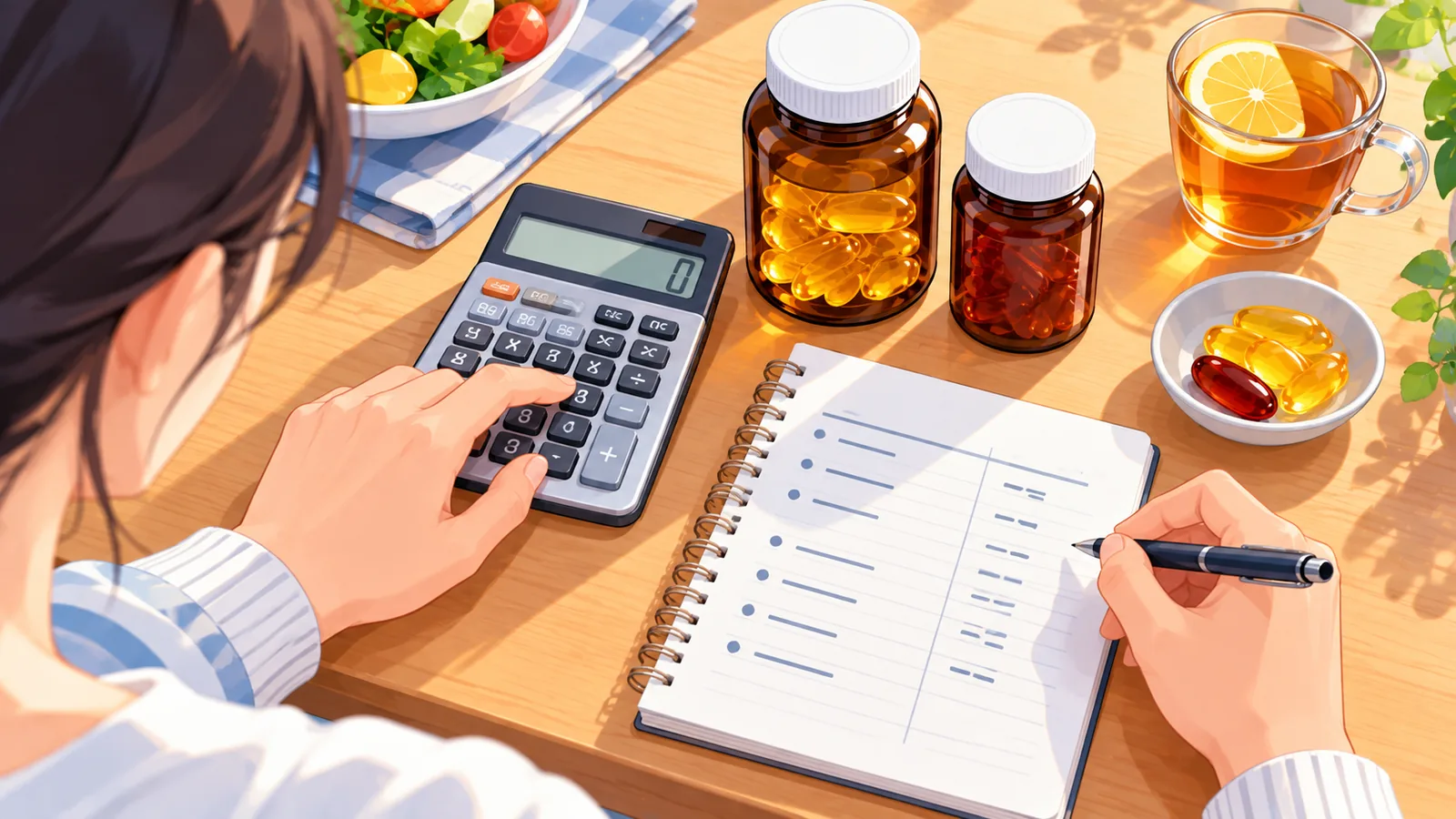 Persona calculando el precio por gramo de EPA y DHA con una calculadora