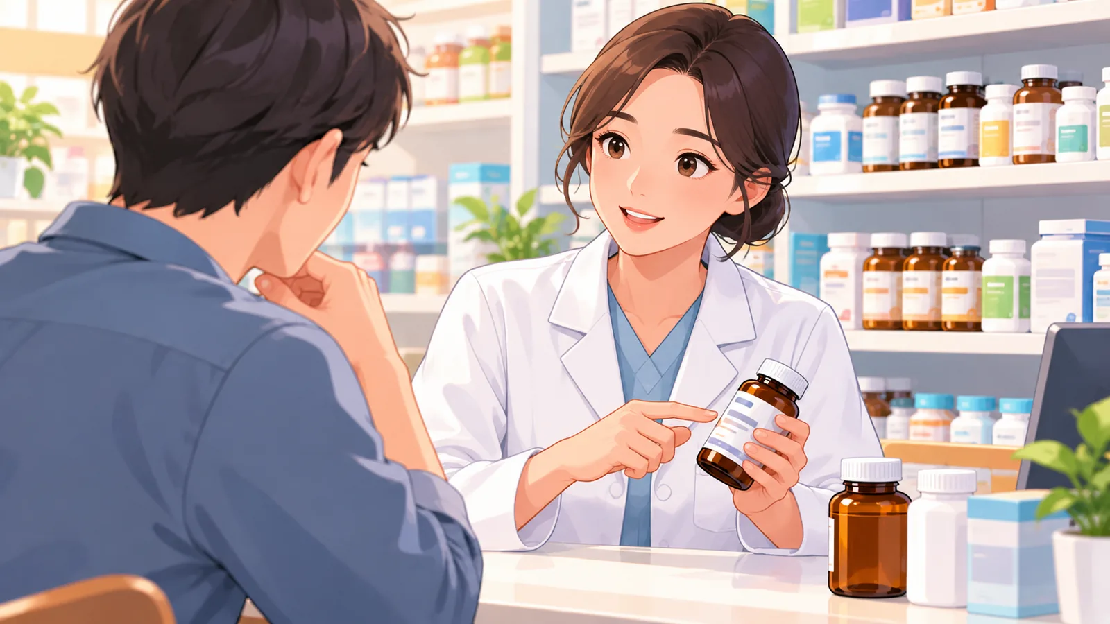 Farmacéutica atendiendo a una clienta en el mostrador de una farmacia