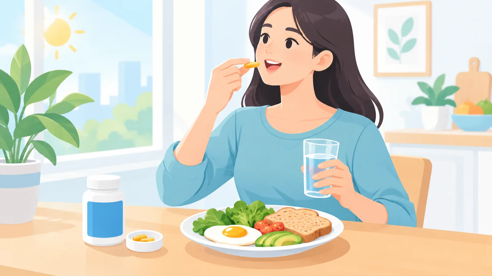 Adulto tomando una cápsula de omega 3 con agua durante el desayuno