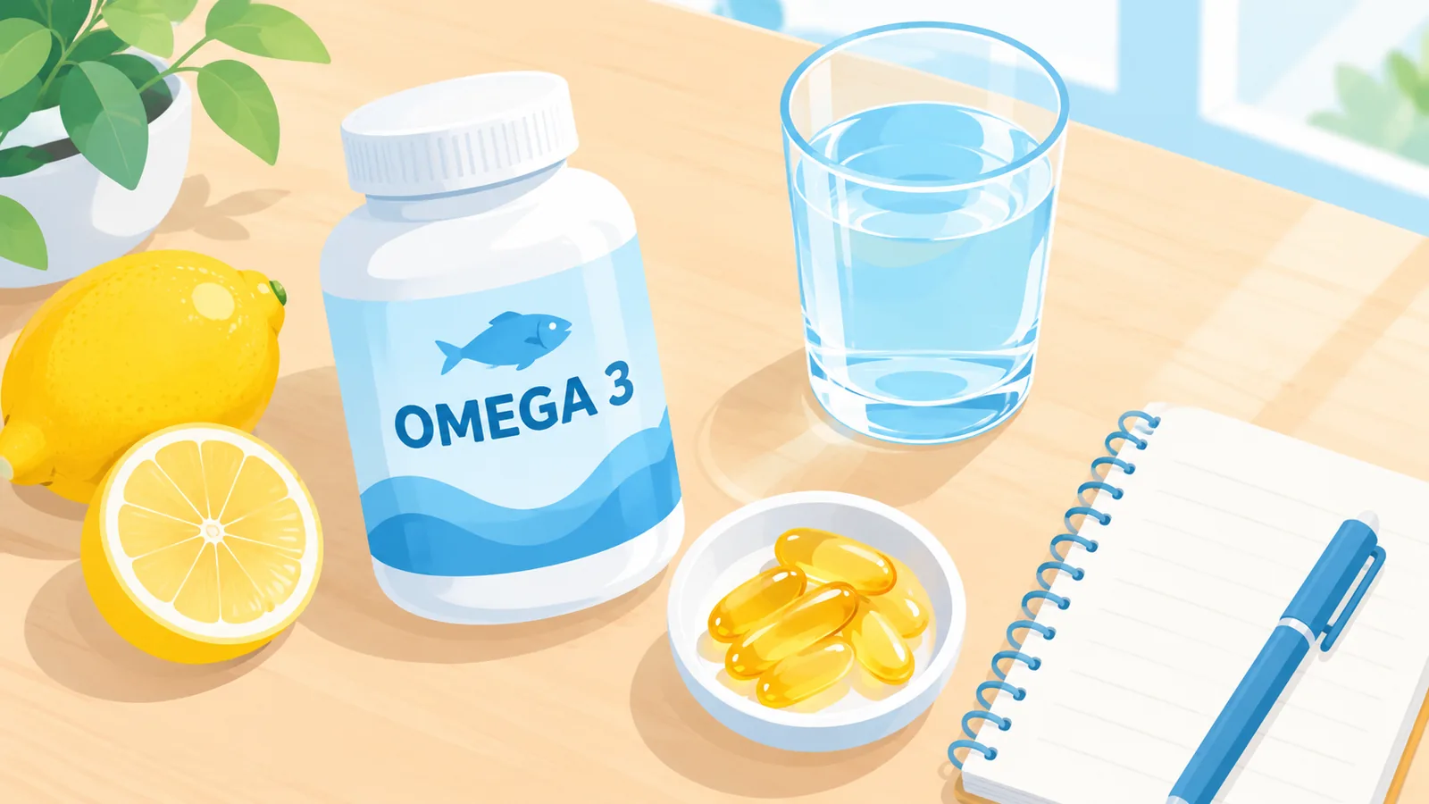 Bote de omega 3, limón, vaso de agua y libreta sobre una mesa de madera