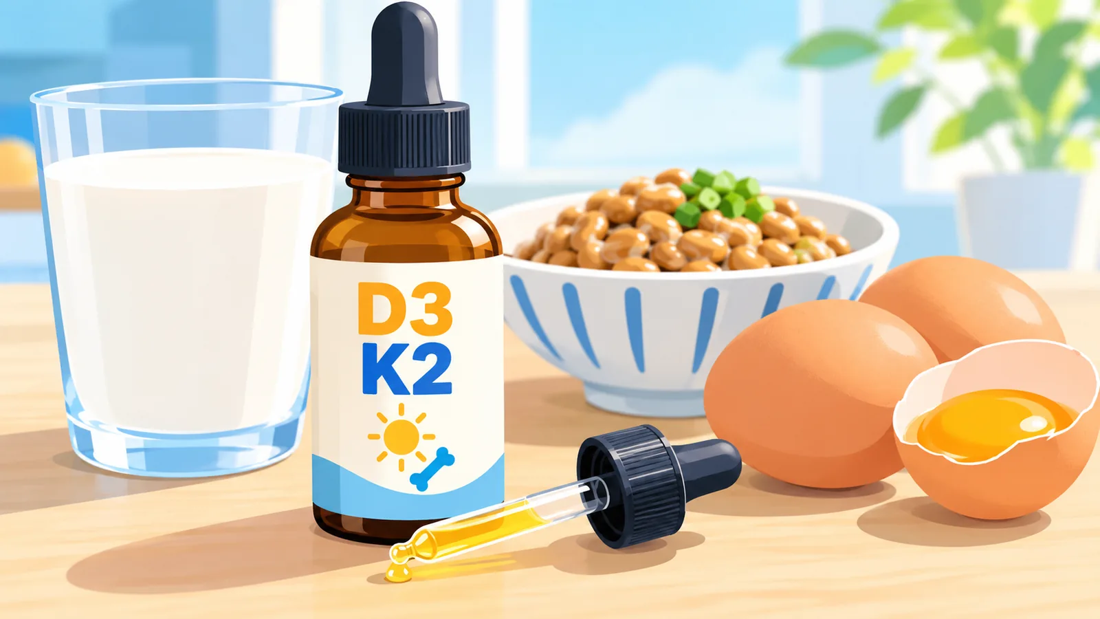 Frasco de gotas de vitamina D3 y K2 junto a alimentos sobre una mesa de cocina