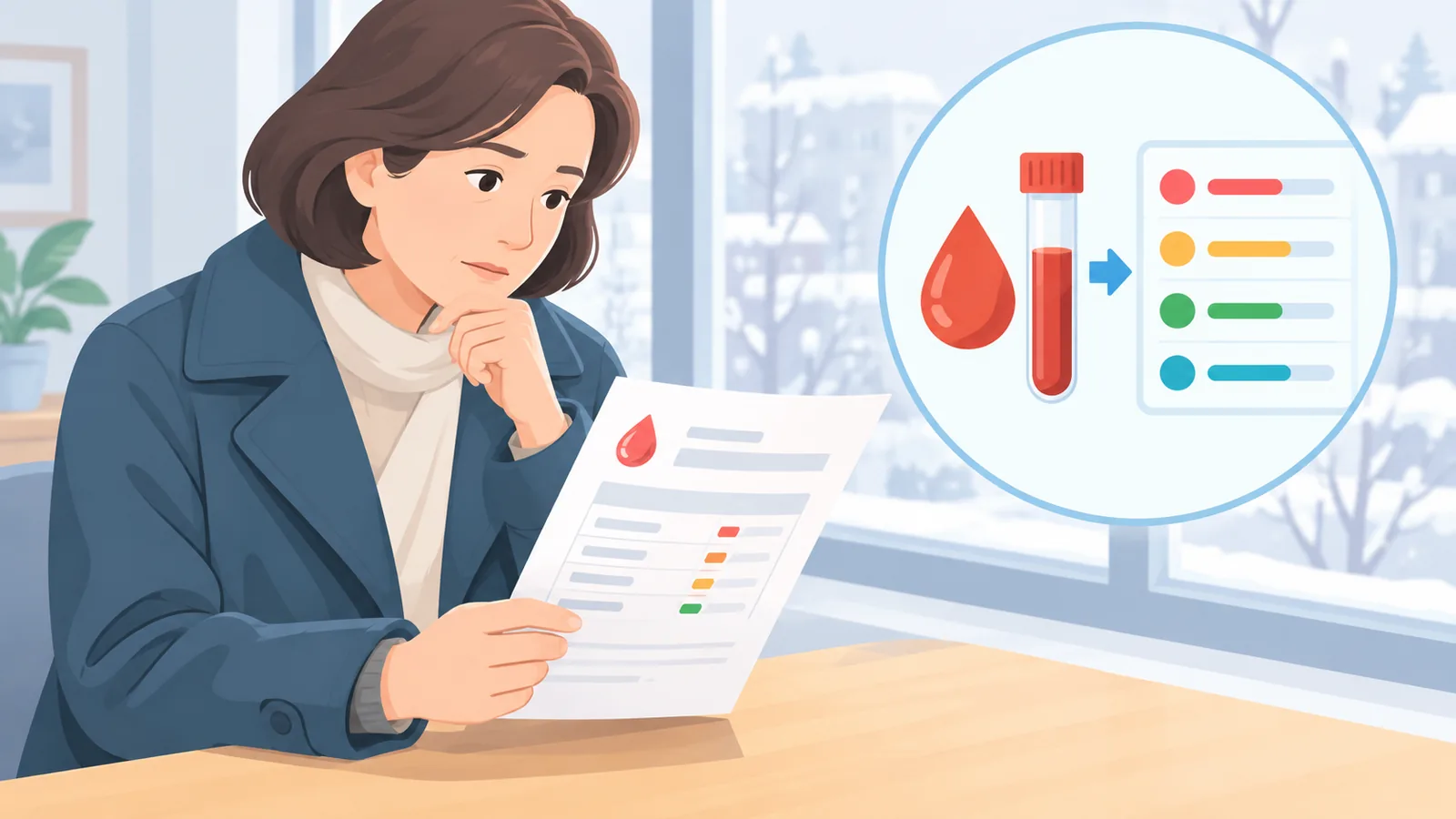 Mujer revisando unos resultados de análisis de sangre junto a una ventana en invierno
