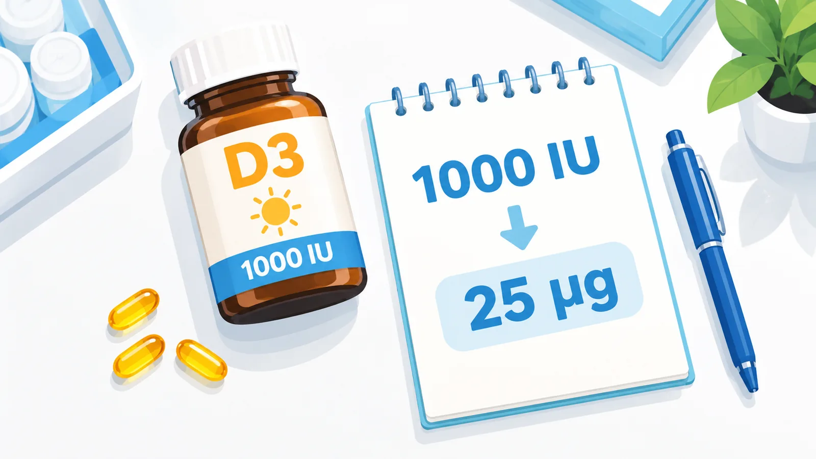 Mostrador con un frasco de vitamina D3 y una libreta con cálculos de dosis