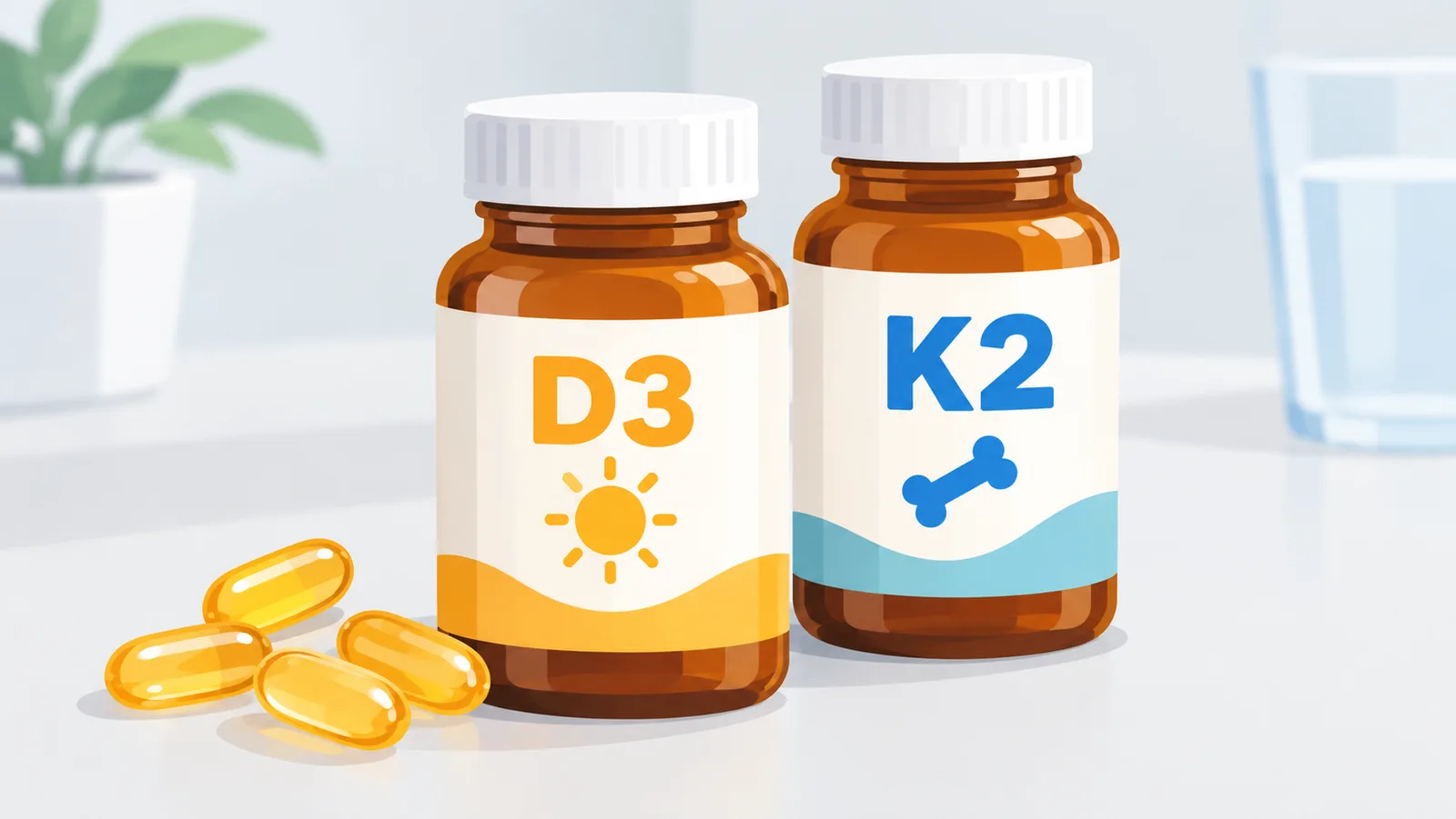 Dos frascos de suplemento de vitamina K2 con cápsulas blandas sobre una superficie neutra